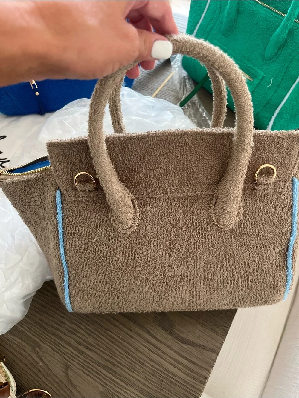 New Celine Taupe Terry Tote Bag with Blue Trim and Tassel
